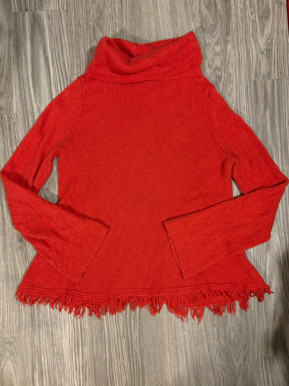 Anthropologie Red Fringe-Hem Cowl Neck Sweater